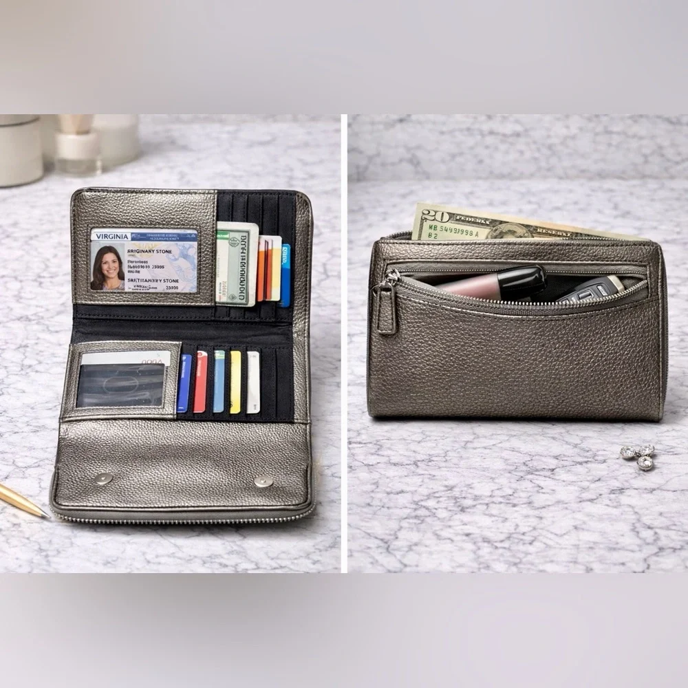 Tahari Metallic Pewter Zip-Around Clutch Wallet – Pebbled Leather